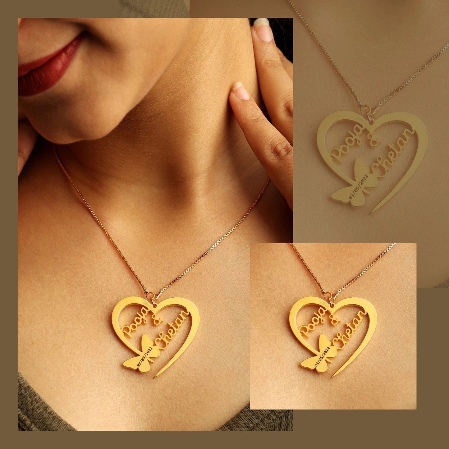 Antique Accessories Butterfly Heart With Engraving Couple Name Necklace – 24k Gold