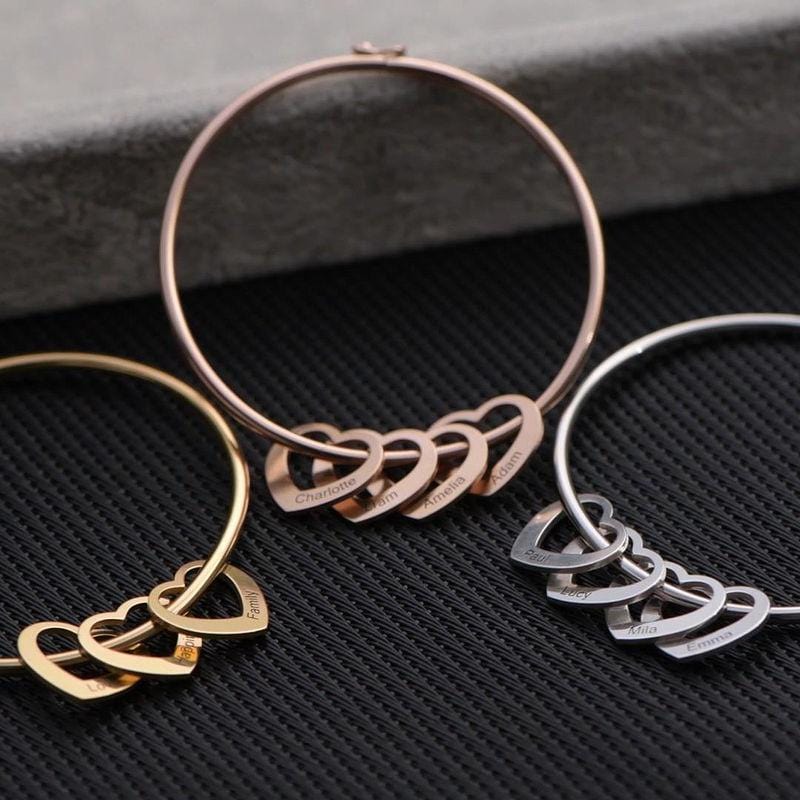 AntiqueAccesories Bangle Bracelet with Heart Shape Pendants